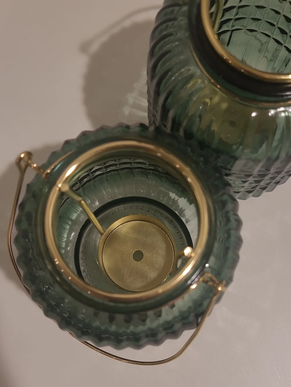 NWOT Green Textured Glass Lantern Pair with Gold Handles